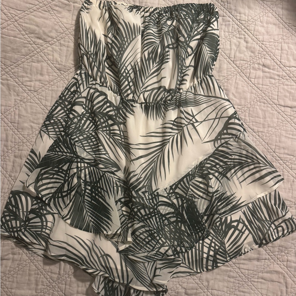 Express White Strapless Romper with Dark Green Palm Print